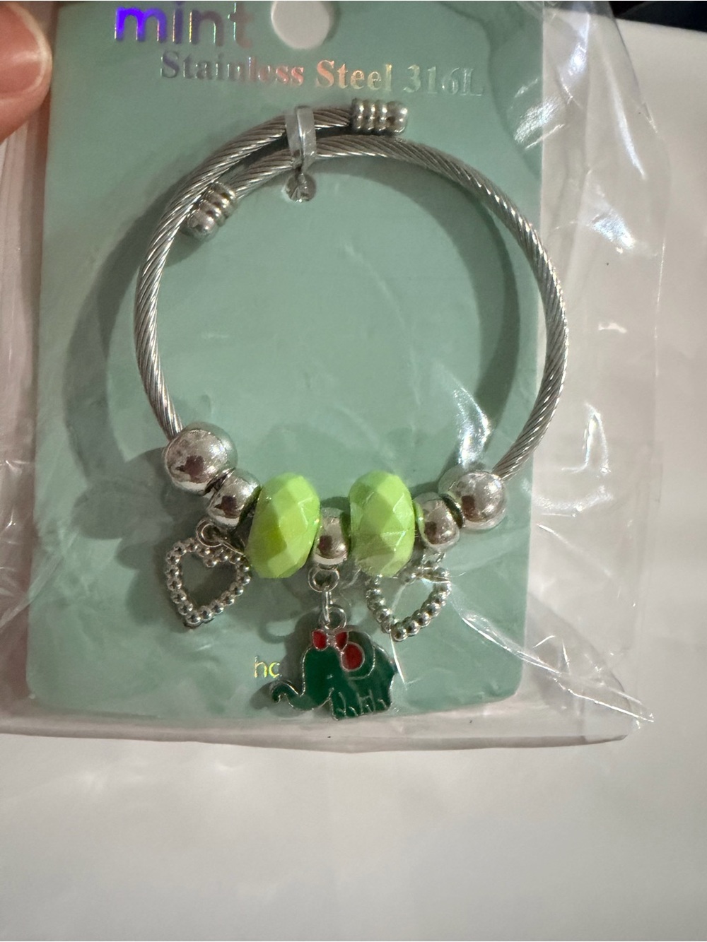 Mint Silver-Tone Bracelet with Lime Green Beads & Elephant Charm